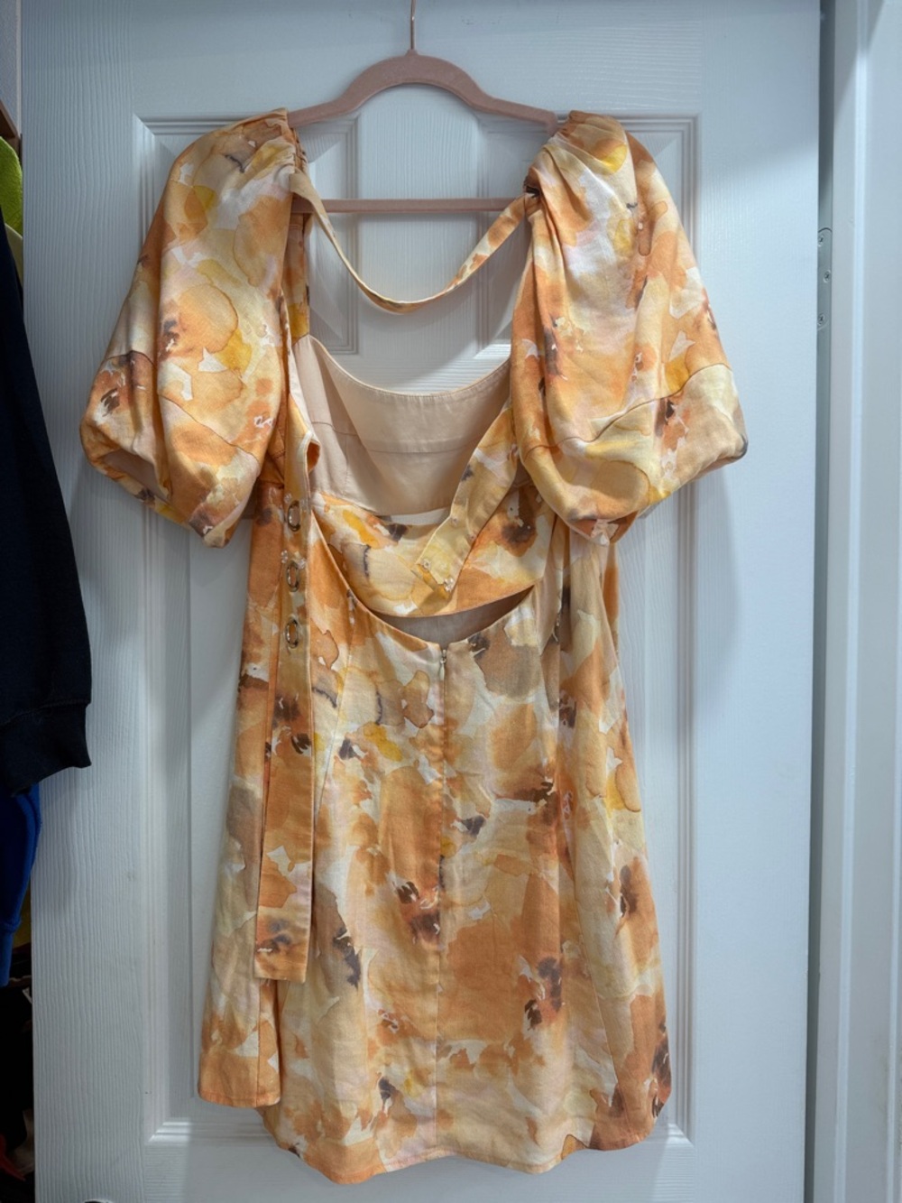 Puff-Sleeve Mini Dress in Soft Orange Watercolor - Picture 5 of 8